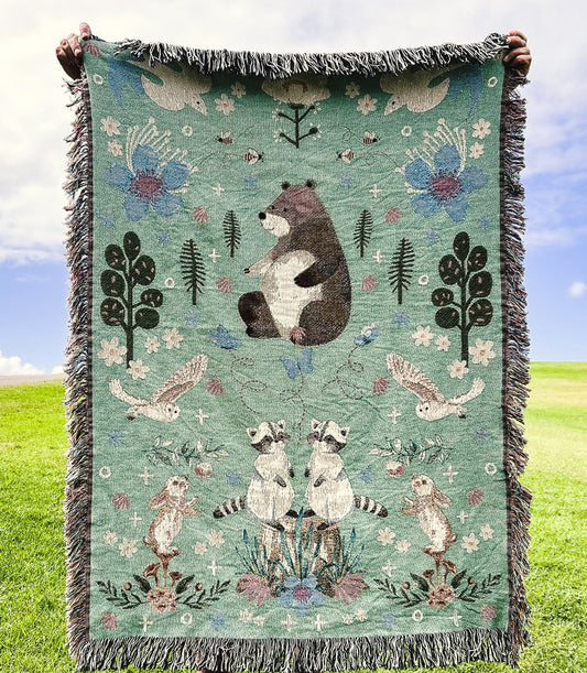 Kids Boho Forest Animals Woven Blanket - Cottagecore Woodland Animals Nursery Throw