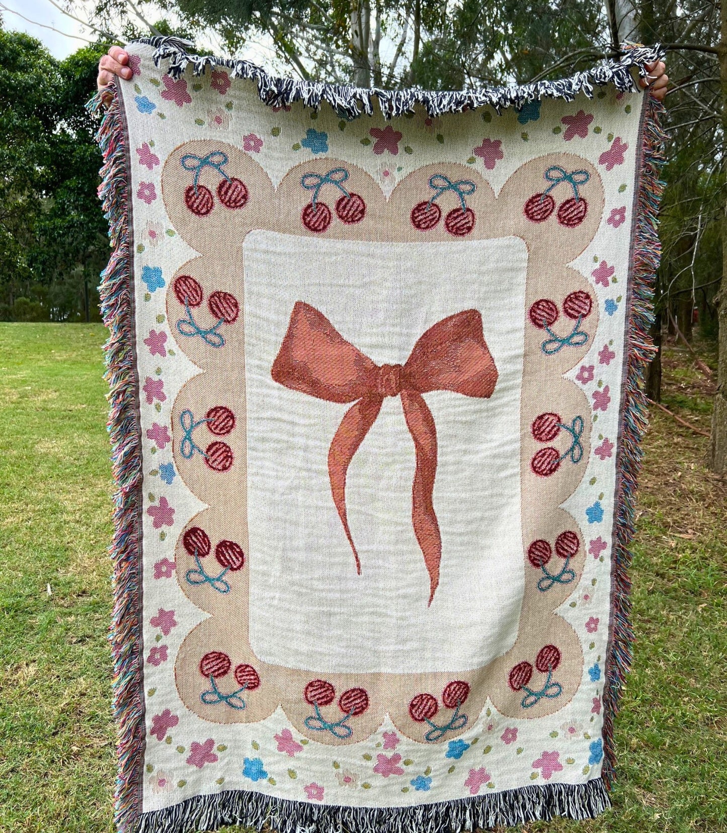 Girls Coquette Woven Throw Blanket - Cottagecore cherry and bow Woven Blanket