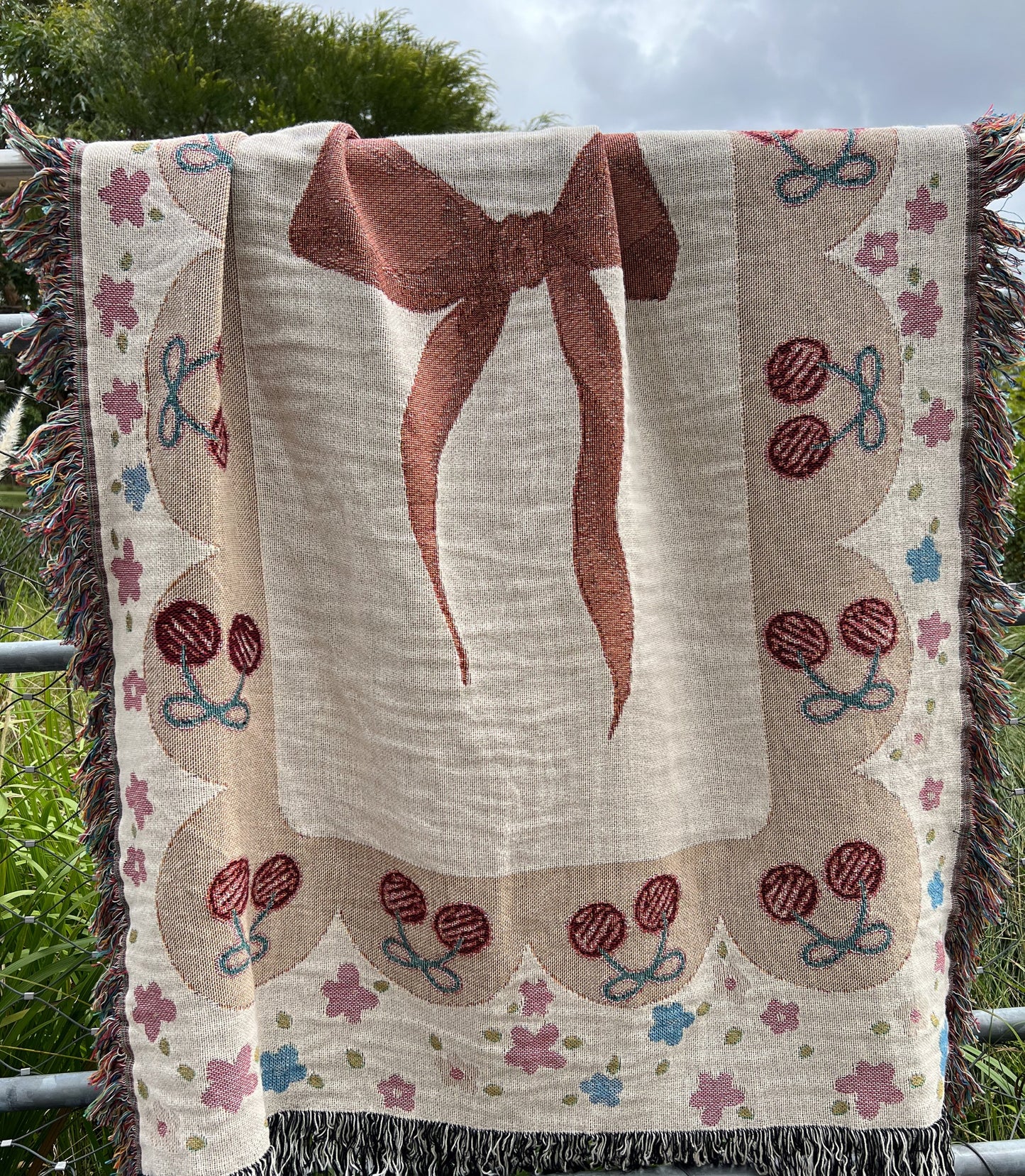 Girls Coquette Woven Throw Blanket - Cottagecore cherry and bow Woven Blanket