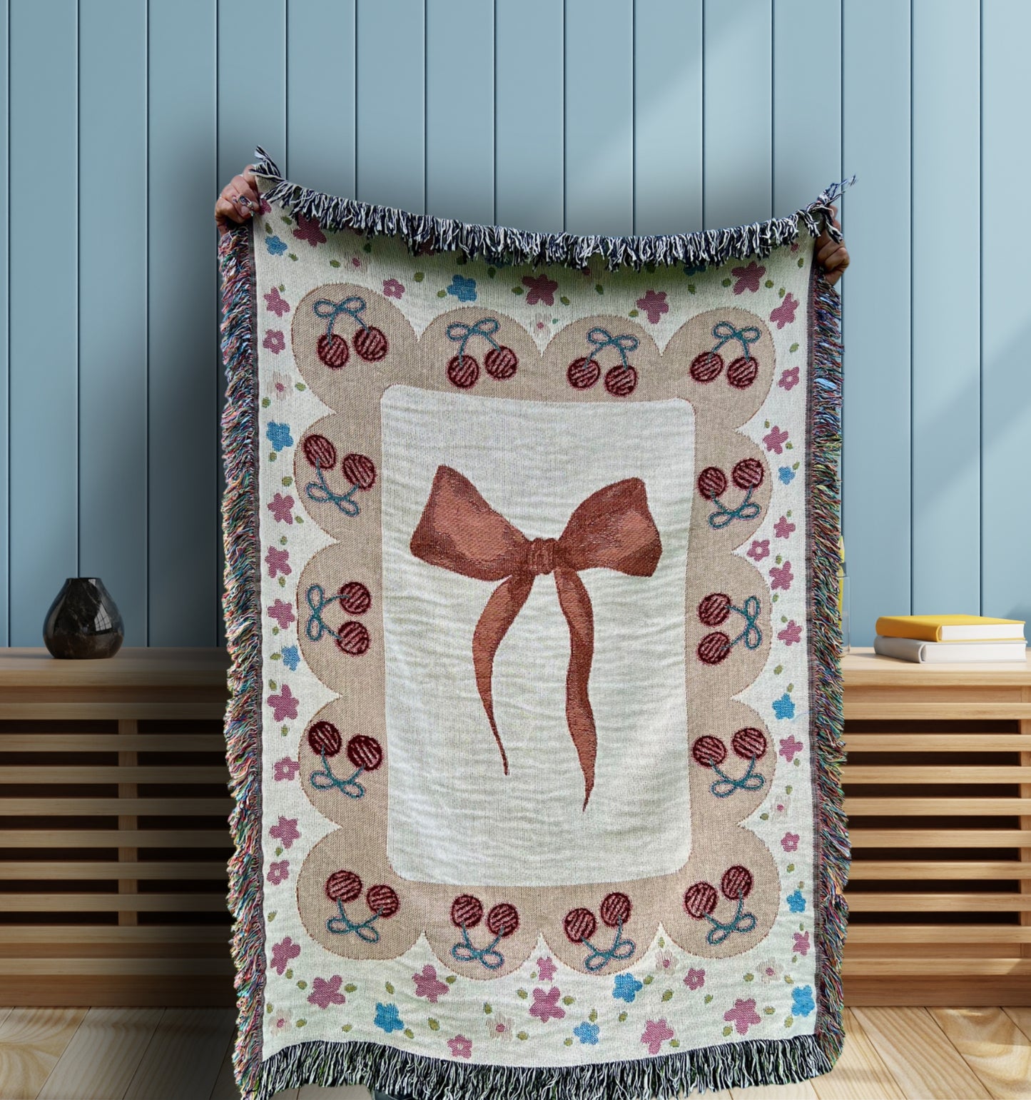 Girls Coquette Woven Throw Blanket - Cottagecore cherry and bow Woven Blanket
