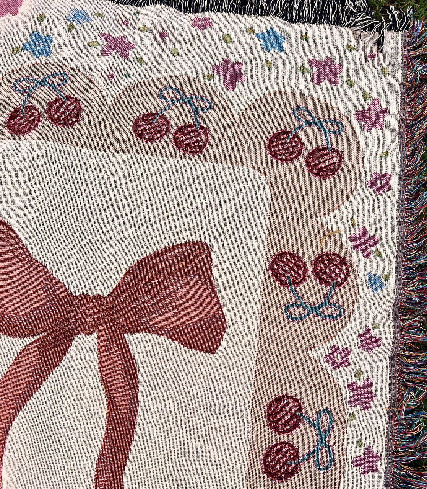 Girls Coquette Woven Throw Blanket - Cottagecore cherry and bow Woven Blanket