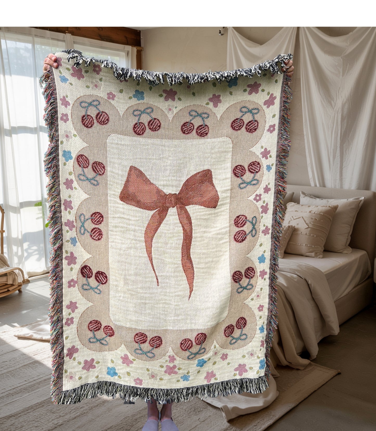 Girls Coquette Woven Throw Blanket - Cottagecore cherry and bow Woven Blanket